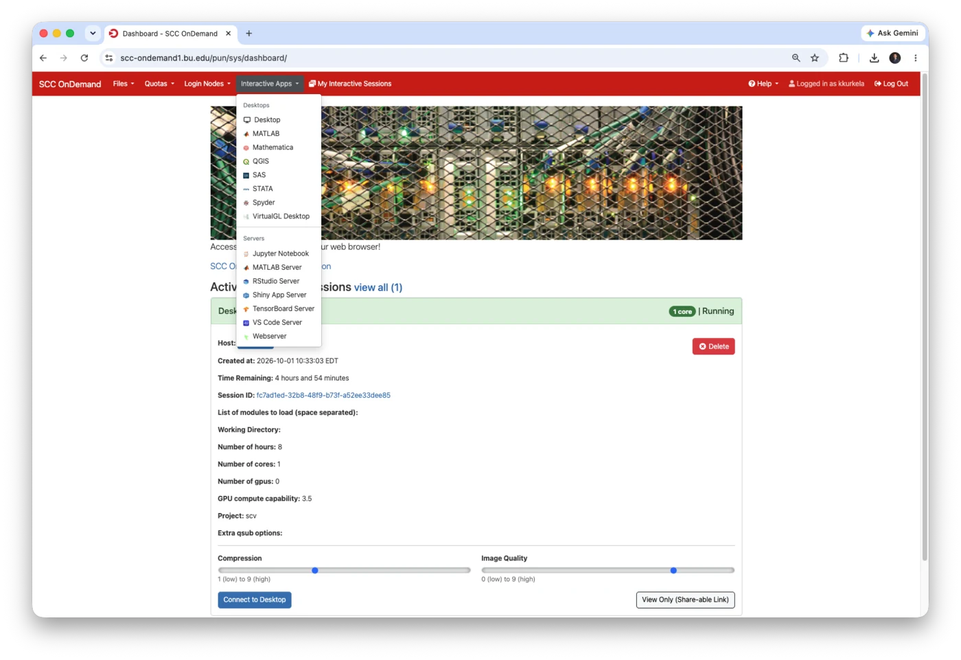 The Interactive Apps dropdown menu open over the dashboard. It lists two groups. Under Desktops: Desktop, MATLAB, Mathematica, QGIS, SAS, STATA, Spyder and VirtualGL Desktop. Under Servers: Jupyter Notebook, MATLAB Server, RStudio Server, Shiny App Server, TensorBoard Server, VS Code Server and Webserver.