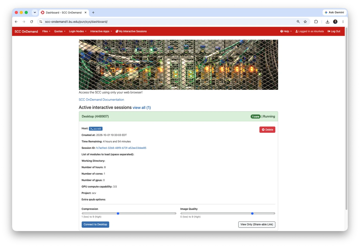 The SCC OnDemand dashboard after logging in. The red menu bar runs across the top, and below it a photograph of the cluster and an "Active interactive sessions" heading listing one running Desktop session.