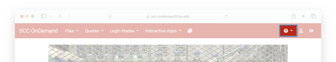 The SCC OnDemand menu bar with the help icon on the right-hand side highlighted.