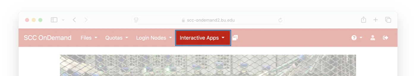 The SCC OnDemand menu bar with the Interactive Apps menu highlighted.