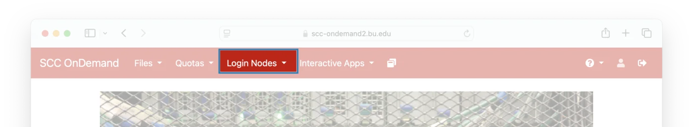 The SCC OnDemand menu bar with the Login Nodes menu highlighted.
