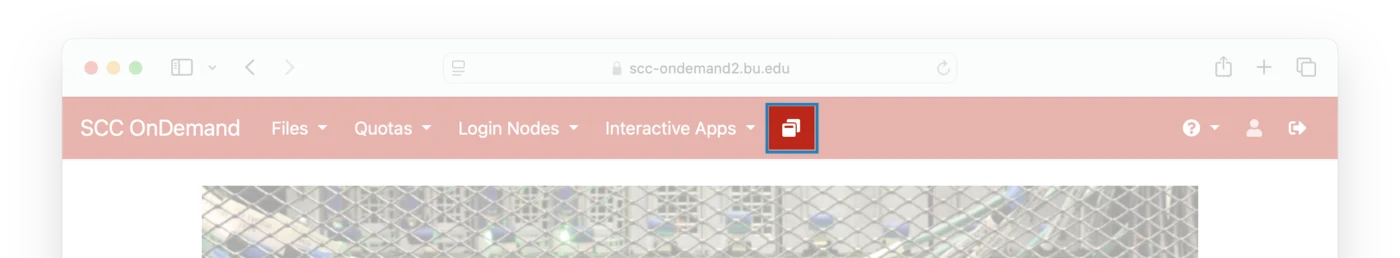 The SCC OnDemand menu bar with the active-sessions icon, just to the right of Interactive Apps, highlighted.
